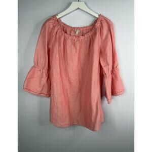 Talbots Linen Top Womens Sz 1X Top Bell Sleeve Pom Pom Linen Pink Preppy